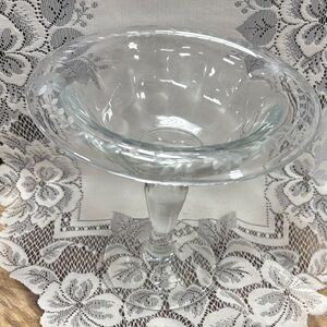 Vintage Clear Glass Compote etched glass